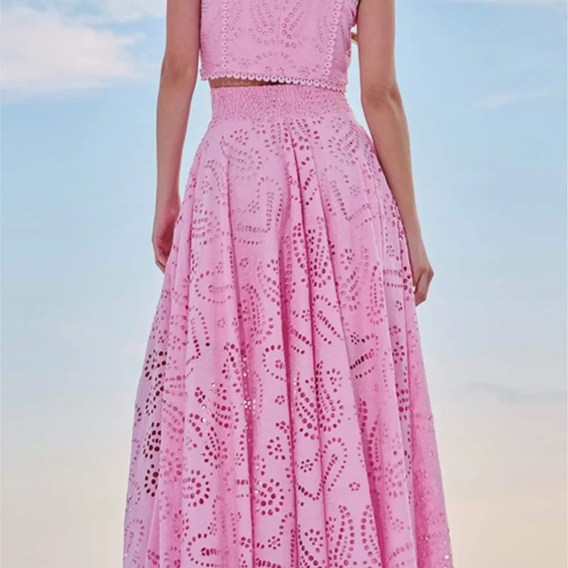 Women Hollow Out Sleeveless Embroidery Two-Piece Set 2025 O-Neck Blouse + Lace Pockets Skirt beach New Two Piece Set