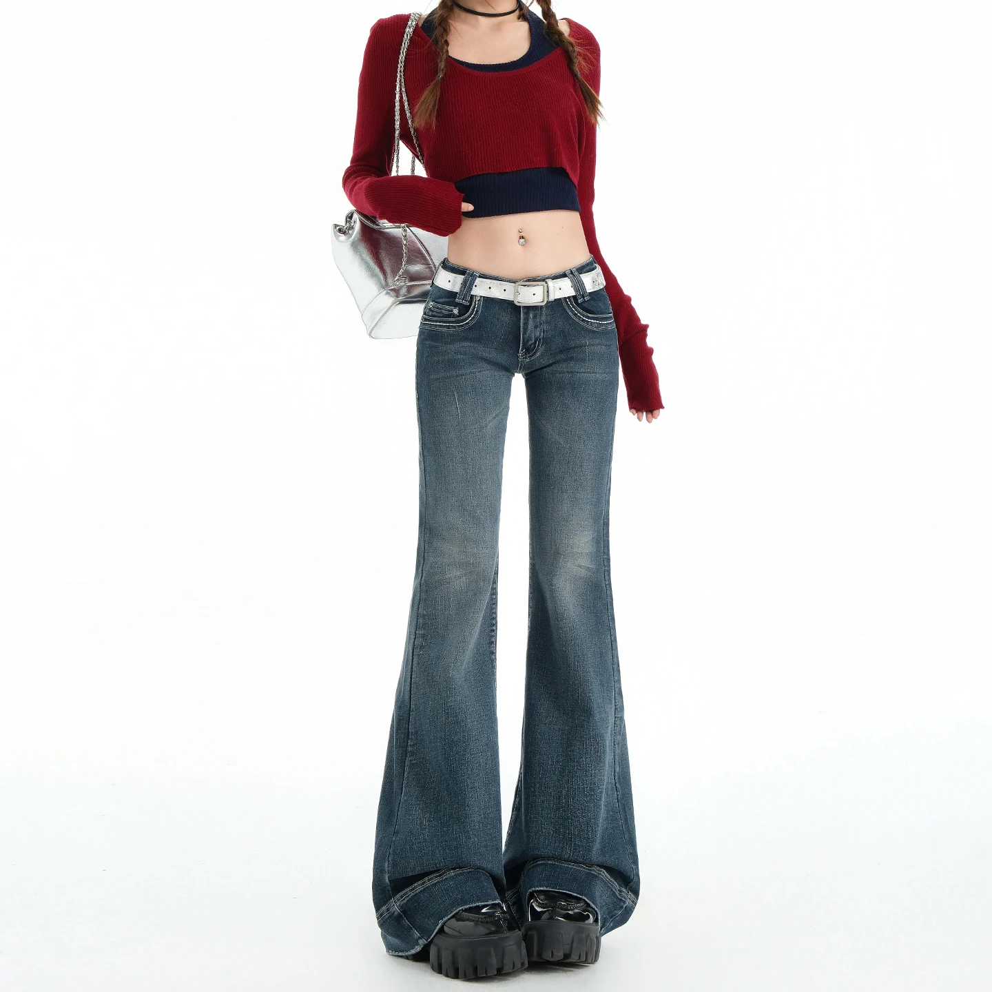 

Low Waist Bell Bottom Denim Jeans Women's Blue Grey Slimming Hanging Elastic Hoof Flared Pants Autumn New Style America...