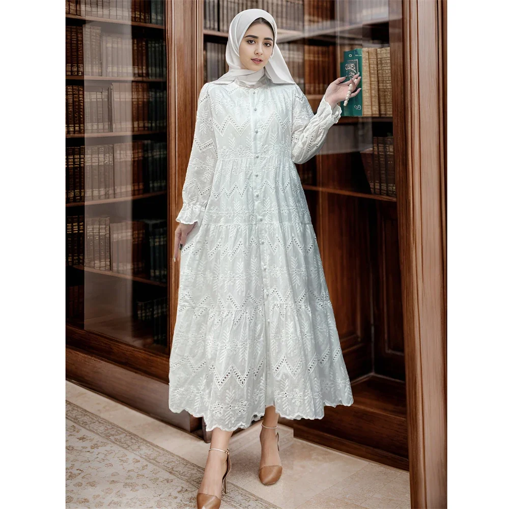 

Abaya Muslim for Elegant Women Lace Hollow Out Maxi Dresses Turkey Dubai Arab Robe Eid Party Islamic Shirt Stand Collar Vestidos