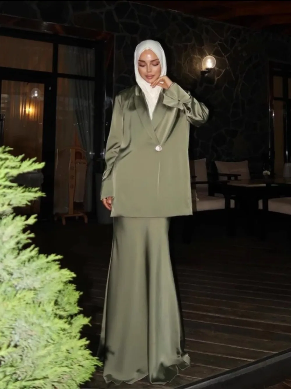 

Eid Muslim Set Women Satin Top Shirt Skirt 2 Piece Set Blouse Solid Long Sleeve Shirts Suits Arab Dubai Musulman Ensembles 2025