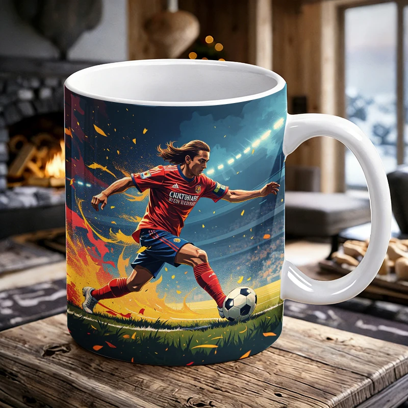 Dynamic Soccer Striker Dribble Print Coffee Mug, Epic Night Stadium Football Ceramic Cup, 11oz Sport Enthusiast Daily Drinkware