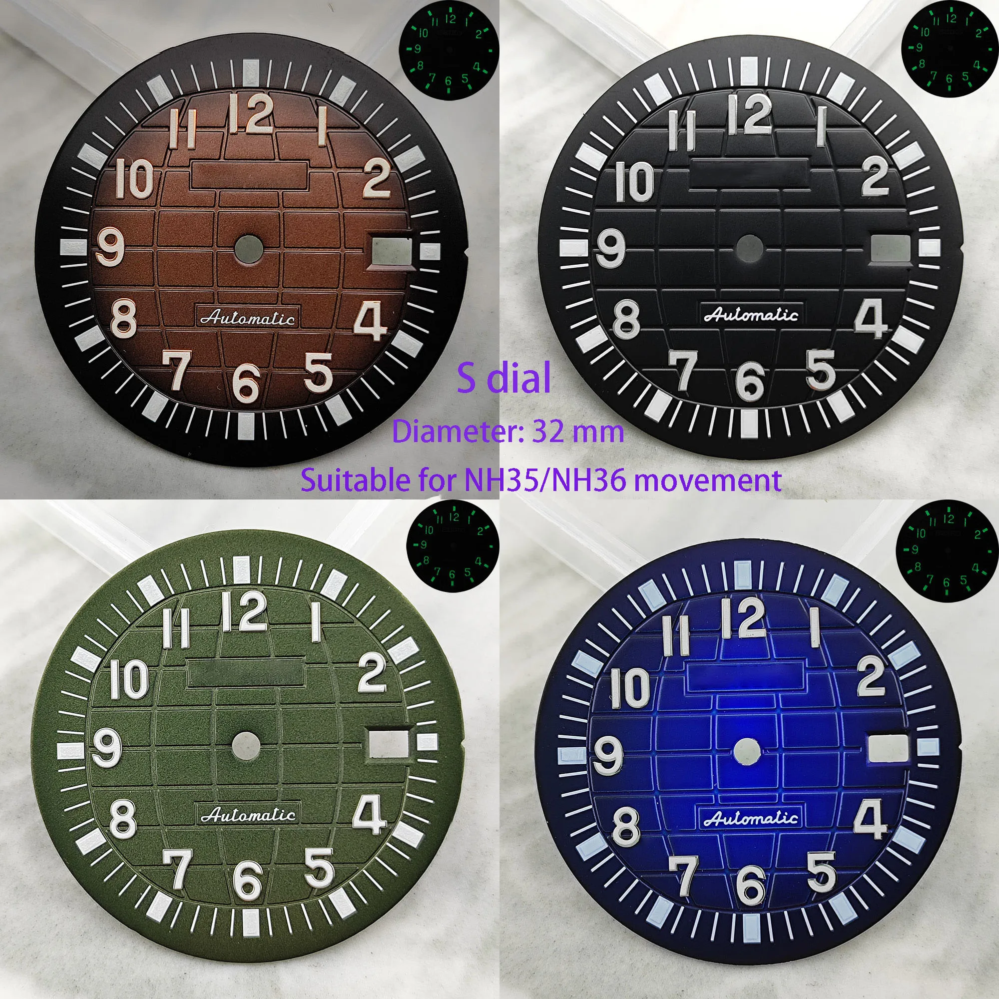 High Quality 32mm NH35dial watch dial S dial green luminous suitable for NH35 NH36 movement watch accessories repair tool