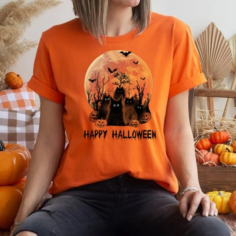 Witch Scary Halloween Shirt Ladies Funny Halloween Tee Gift Shirt Friends Birthday Trick or Treat Festival Tee Cat Pumpkin Night