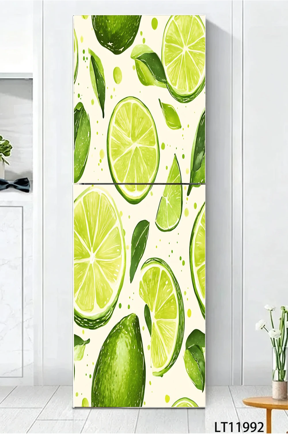 Vibrant Lime & Leaf Print Fridge Sticker, Fresh Fruit Removable Waterproof Scratch-Resistant Kitchen Decor Decal