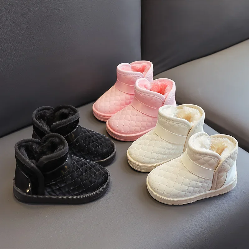 Autunno Inverno Bambini Scarpe in cotone in pelle scozzese Ragazzi Stivali in cotone ispessito in pile Ragazze Comodi stivali da neve Tinta unita