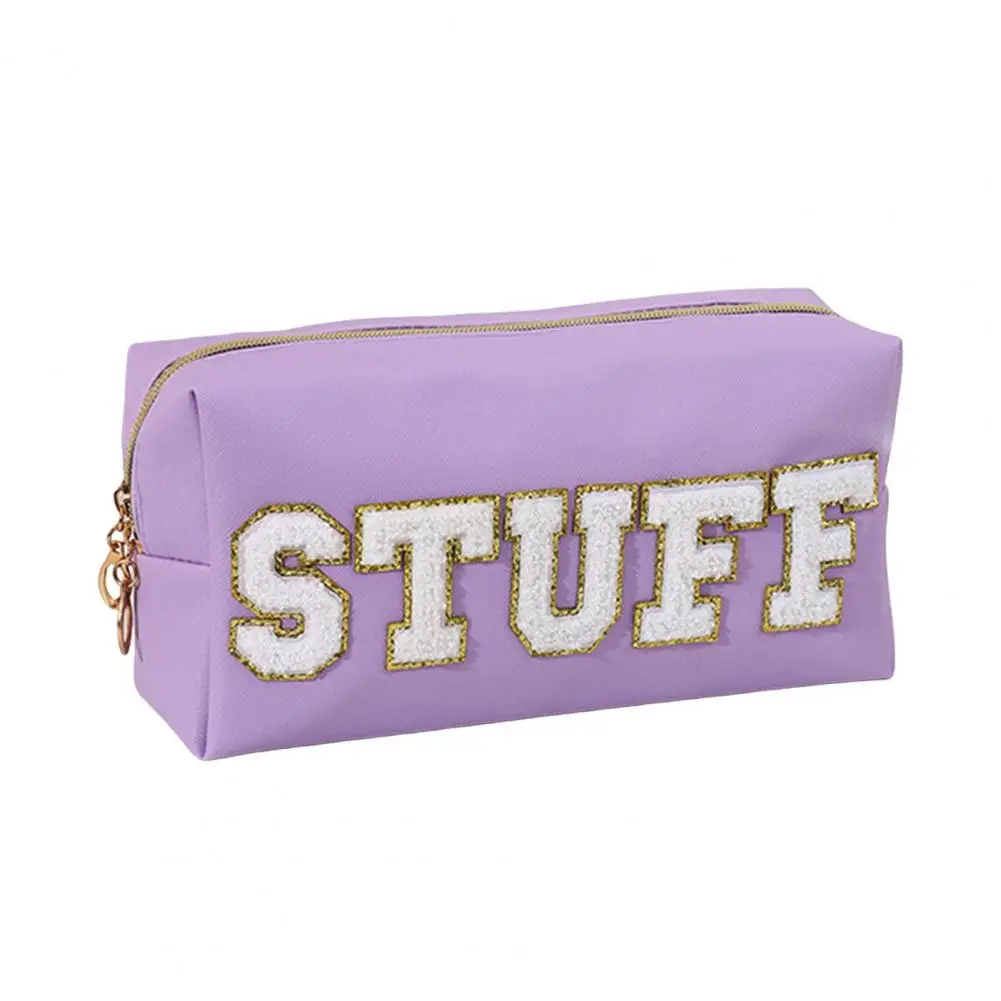 Makeup Pouch Cosmetic Case Stylish Faux Leather Cosmetic Bag with Embroidered Letters Sequin Detail Zipper Closure for Business