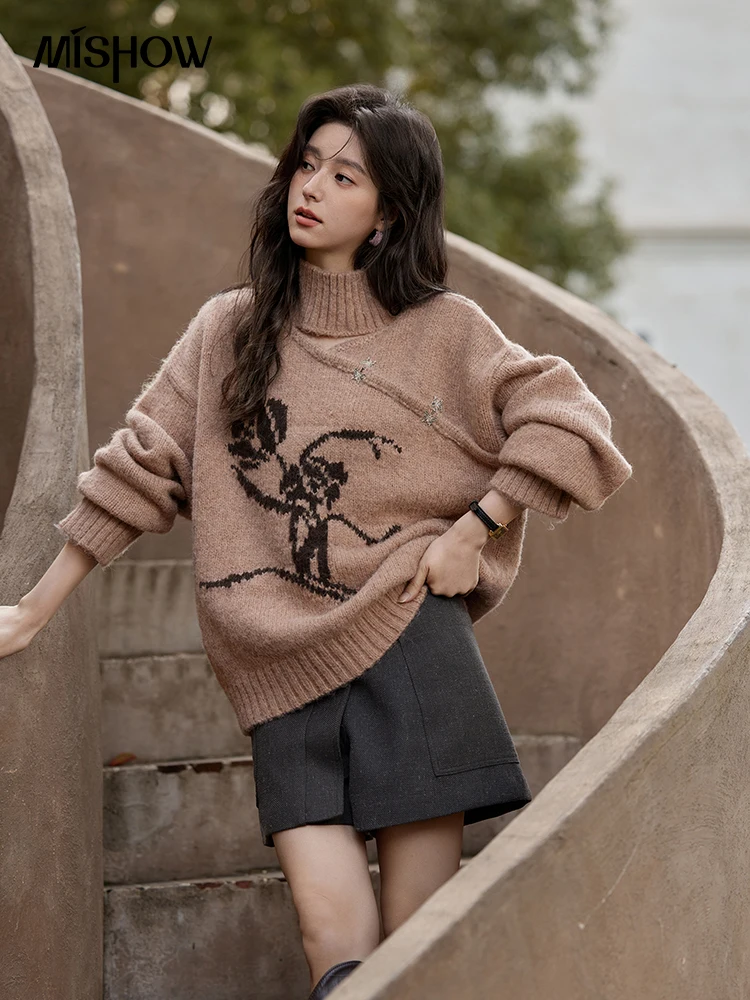 MISHOW Chinese Hollow Out Sweaters for Women 2024 Autumn Winter Loose Casual Design Sweet Floral Knitted Pullovers MXD36Z0888