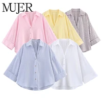 MUJER Camisas de mujer Camisas de gran tamaño a rayas para mujer Camisas y blusas casuales de manga ancha Mujer Tops sueltos de verano blancos Mujer