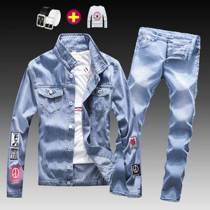 

Fashion Mens Washed Denim Jacket Jeans Pants 2pcs Set Appliques Long Sleeve Coat Casual Slim Fit Boys Clothing S-XXXL Autumn