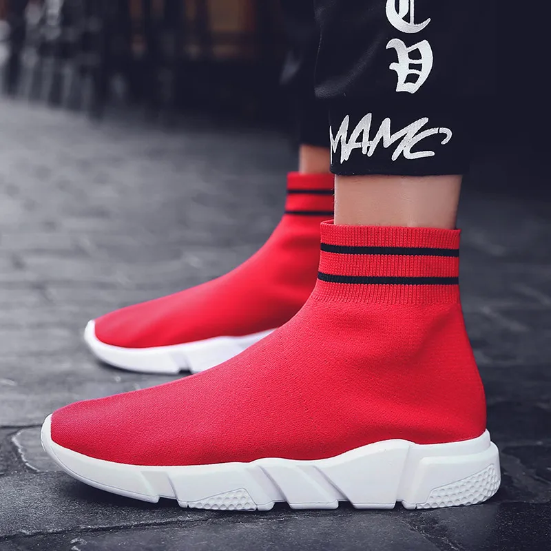 

Fashion Red Men Sock Shoes Breathable Mesh High Top Sneakers Man Flast Slip-On Casual Shoes Men Plus Size 35-45 tenis masculino