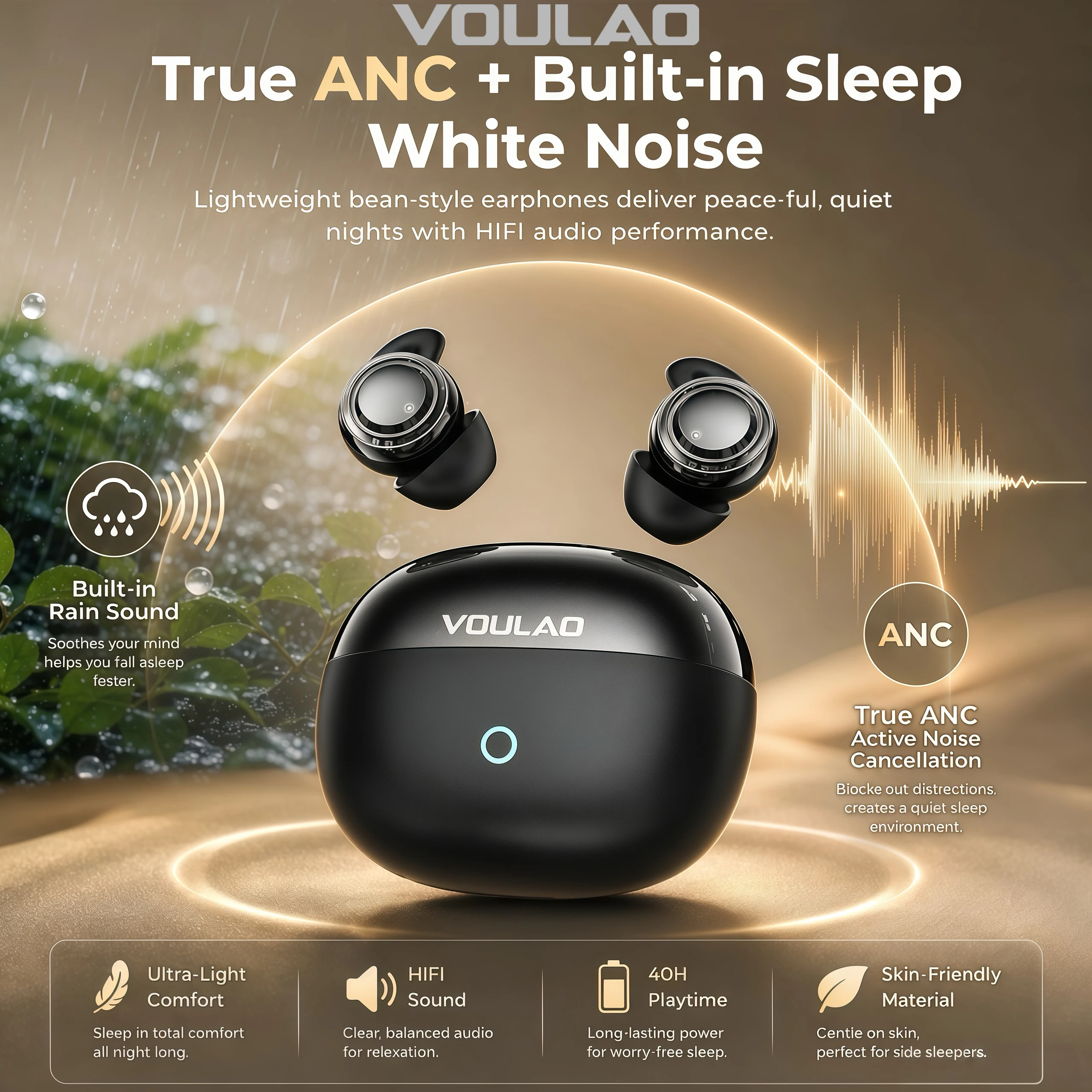 VOULAO VL2 Wireless Headphones Low Latency Comfort In-Ear Earbuds ANC Soft Wireless Bluetooth Earphones Speaker For Side Sleeper