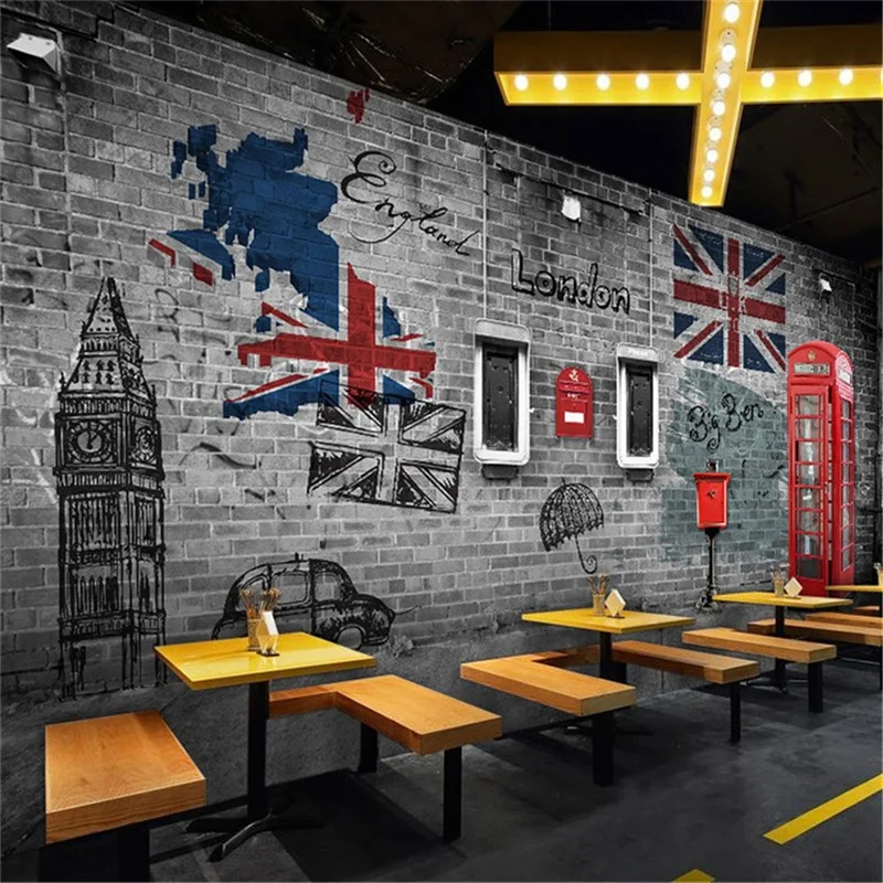 

European and American Retro Nostalgia London Phone Booth Wall Paper Cafe Restaurant Bar Club Industrial Decor Mural Wallpaper 3D