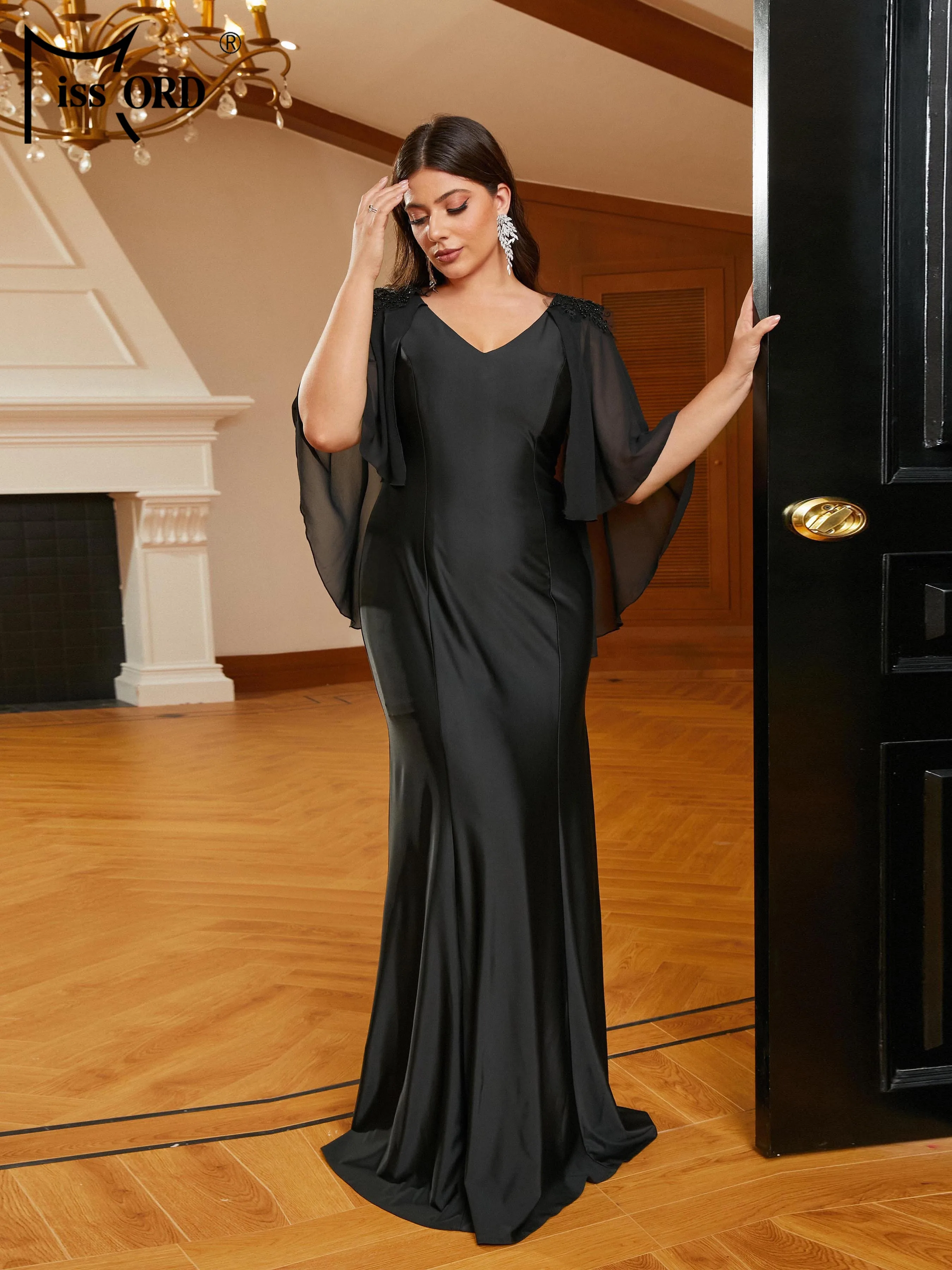 Missord New Plus Size Batwing Sleeve Black Mermaid Prom Evening Formal Occasion Dresses