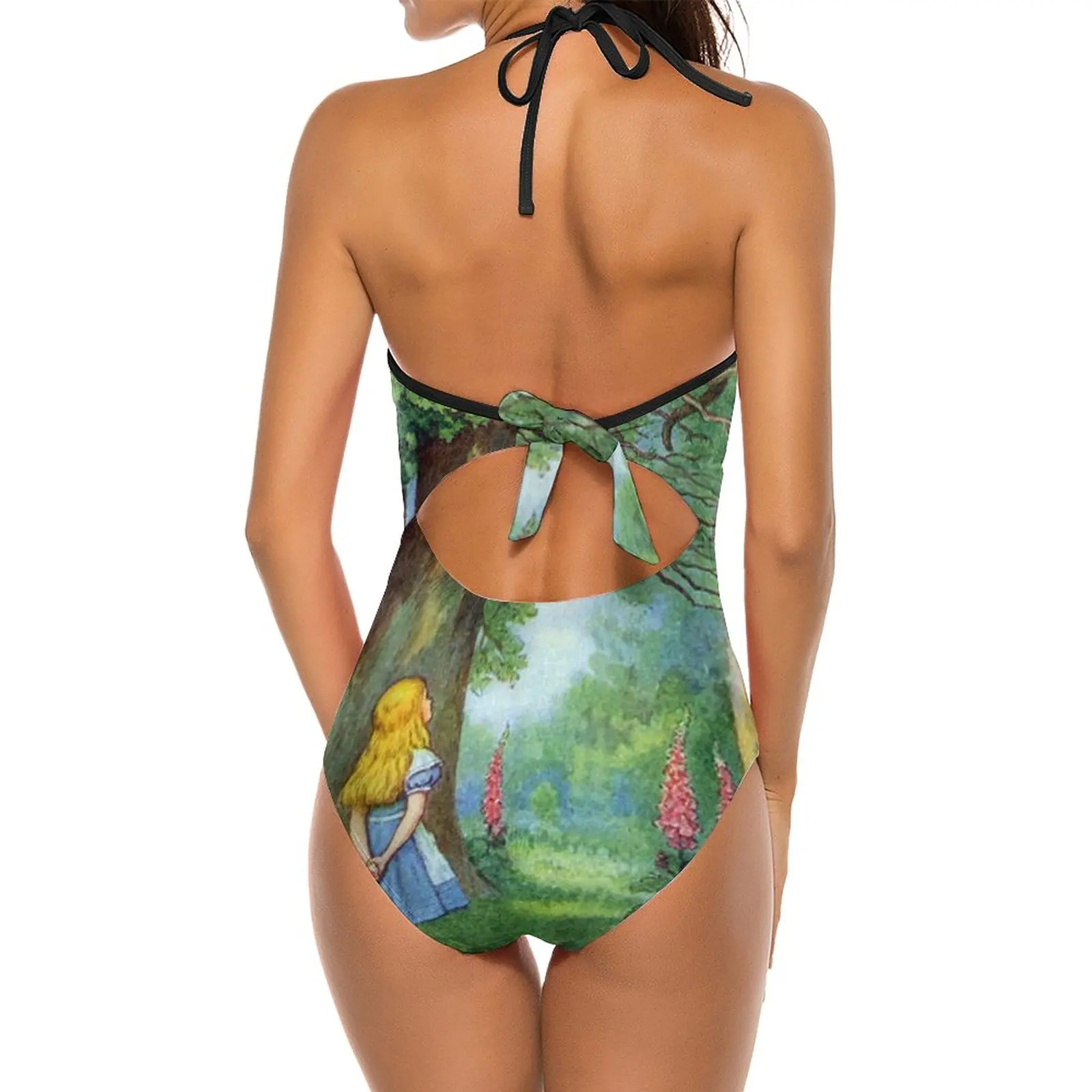 Chesire Cat Sexy One Shoulder One Piece Swimsuit New Mesh Patchwork Swimwear Monokini Sondersky Famous Alice John Tenniel Black