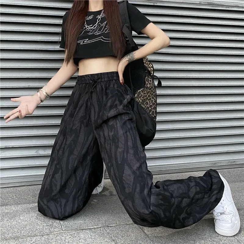 

Summer Thin Women Tie Dyed Sports Pants Harajuku Korean Fashion High Waist Hip Hop Vintage Pockets Black Loose Casual Trousers