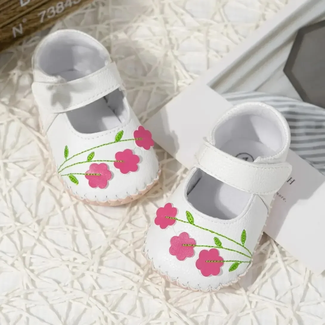 Meckior Baby Boys Girls Pu Leather First Walking Crib Shoes Toddler Rubber Sole Infant Embroidered Flower Princess Baby Shoes