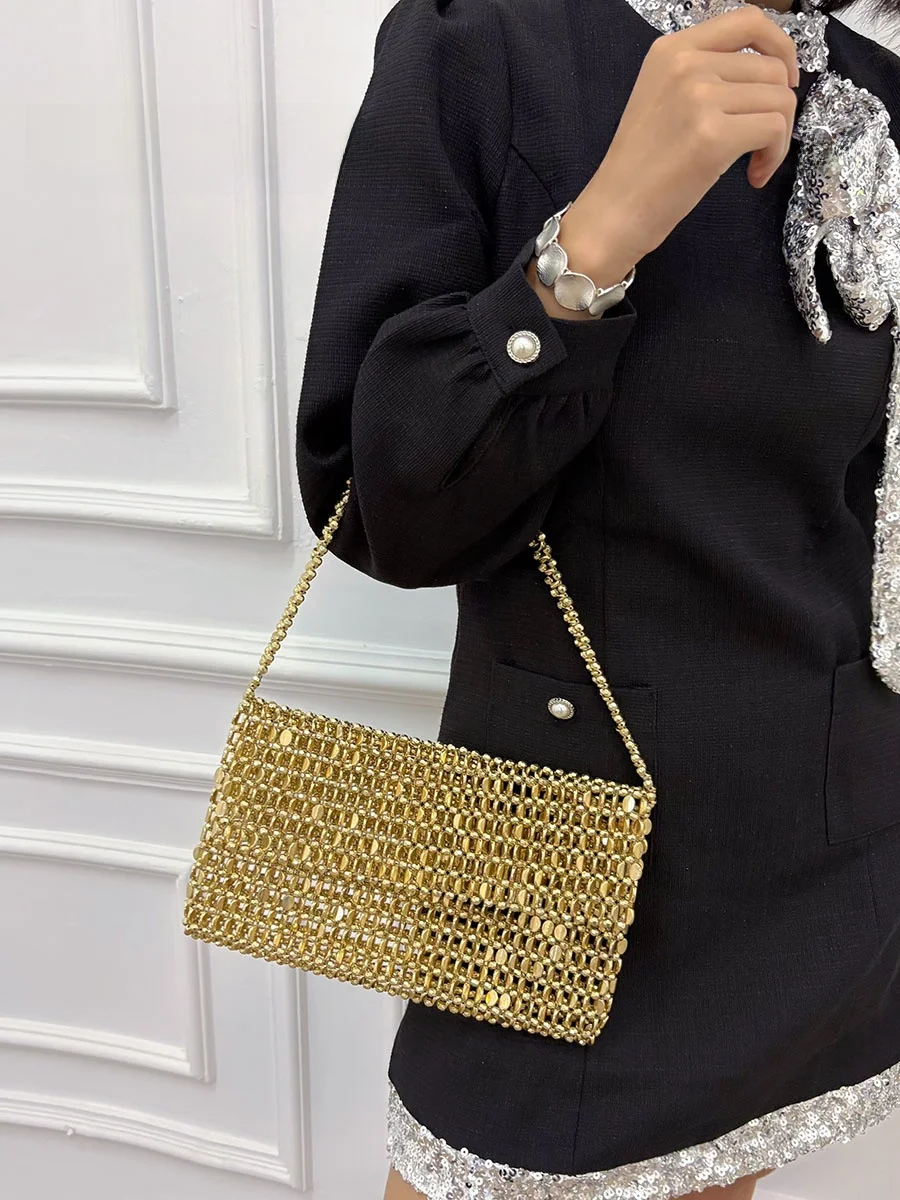 

UGALS Retro Shiny Gold Sequin Handcrafted Large Capacity Tote Pearl Underarm Handbag Soft Handle Casual Shoulder Bag for Youth