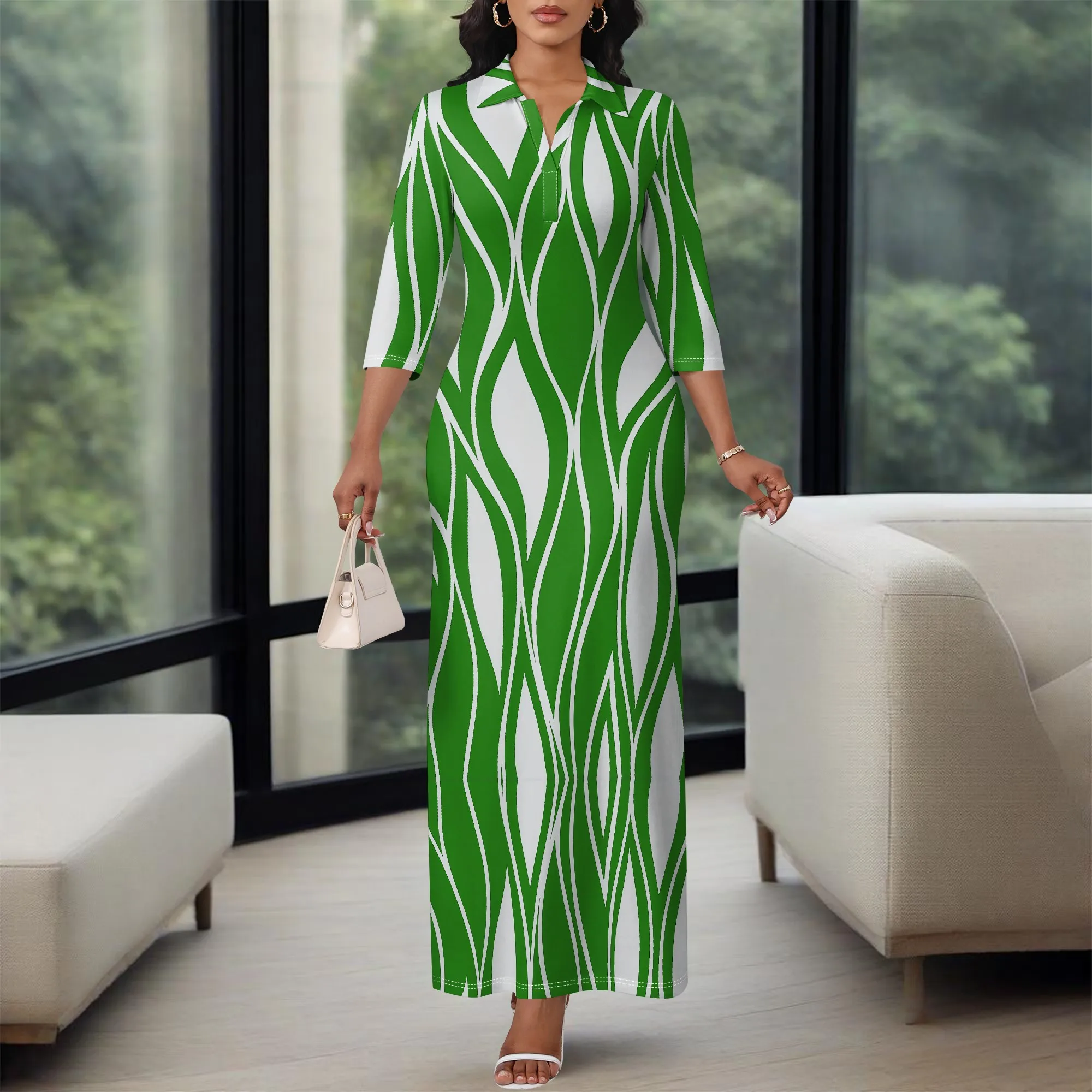 

2025 New African Style Green Maxi Dress for Women Wave Stripe Print Modest Long Dress Casual Holiday Outfit XS-3XL