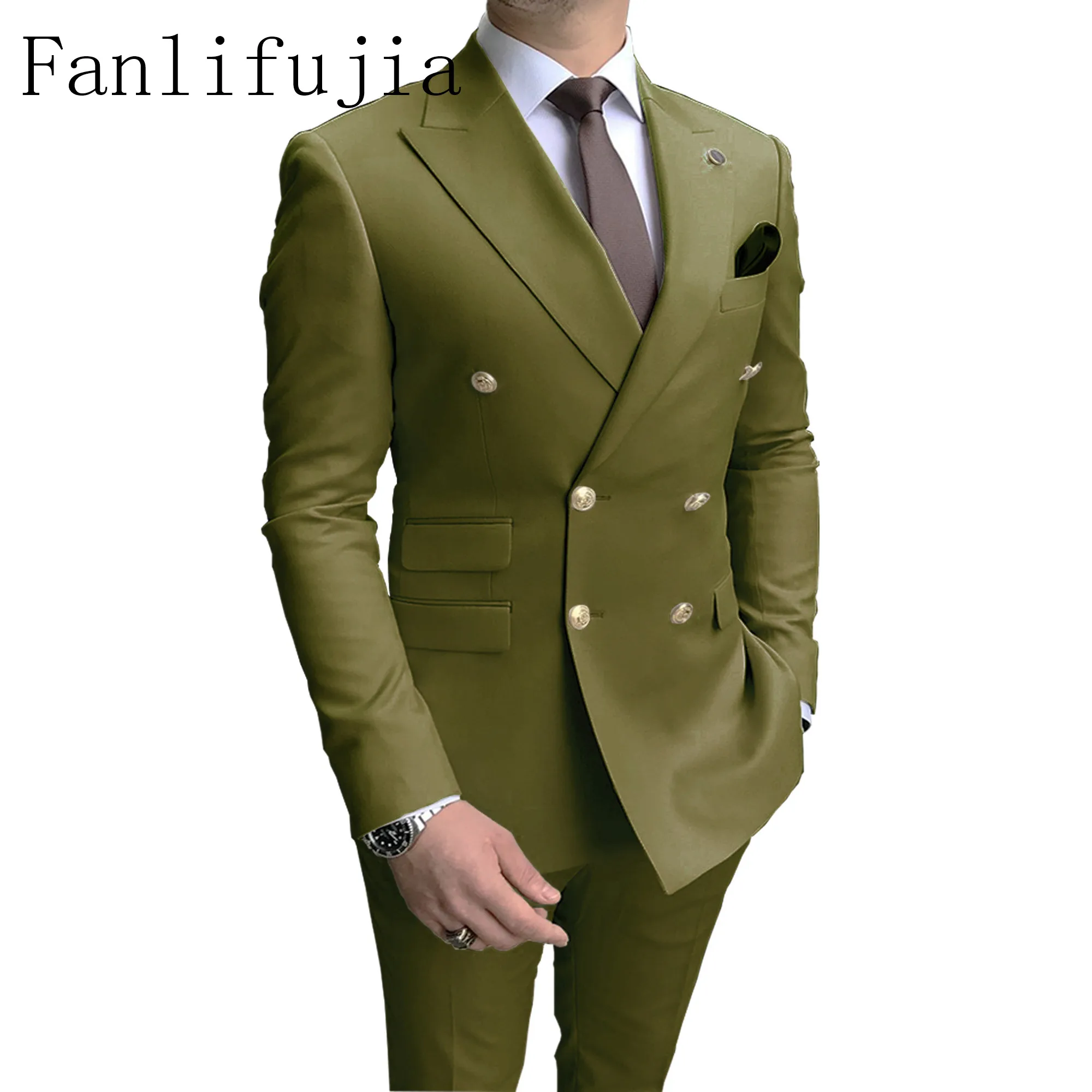 Fanlifujia Double Breasted Mannen Pak Roze Twee Stukken Slim Fit 2024 Italiaans Bruiloftskostuum Prom Gouden Knoop Mannelijk Pak