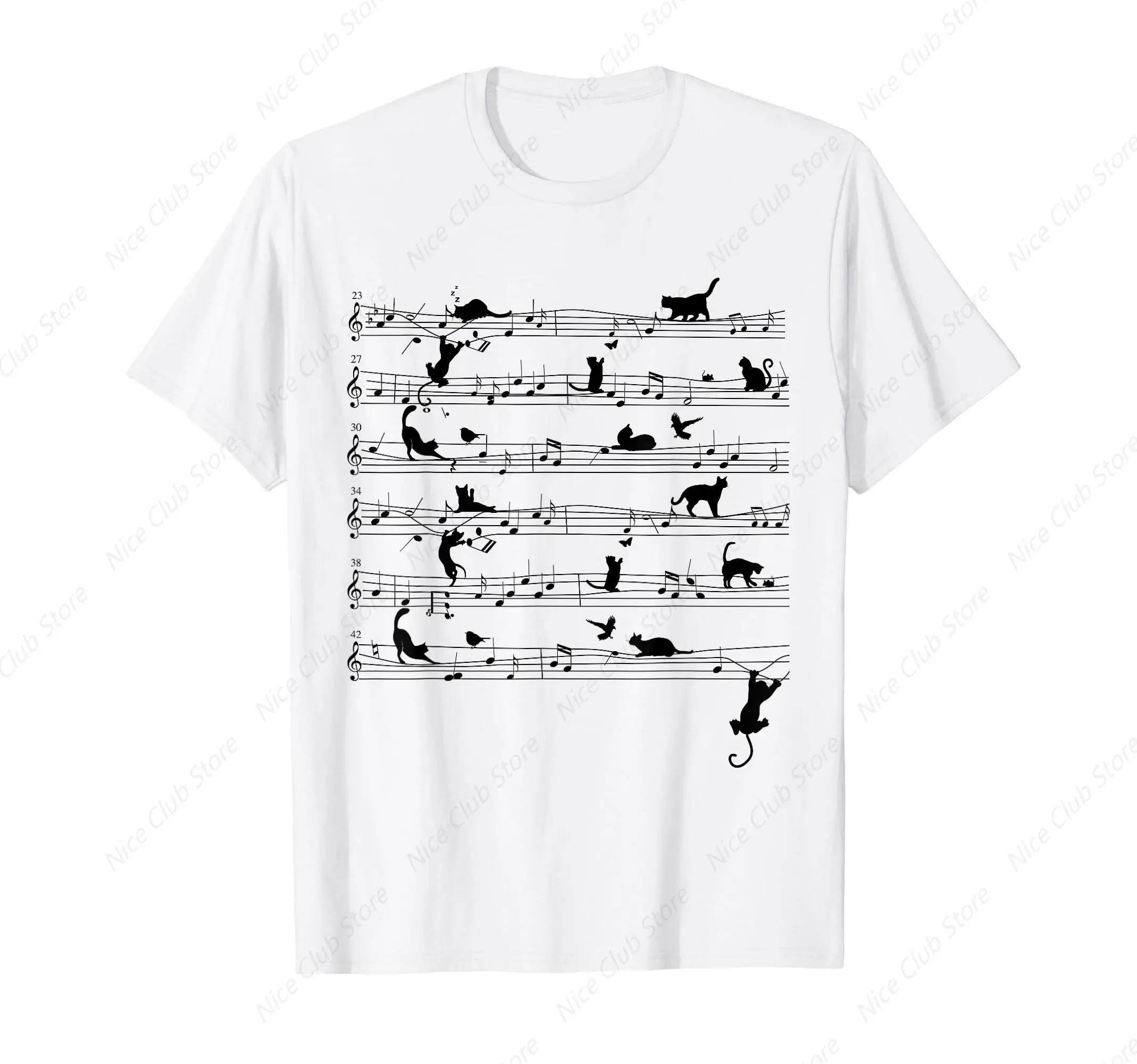 Cute Cat Kitty Playing Music Note T-Shirt for Men Cotton 100% Summer Tops Women