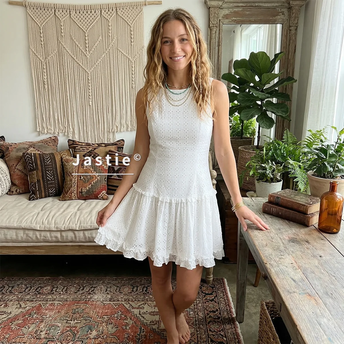 White Eyelet Embroidery Dress Women French Vintage Drop Waist Ruffle Mini Dresses Elegant Chic Beach Boho Summer Vestidos 2026