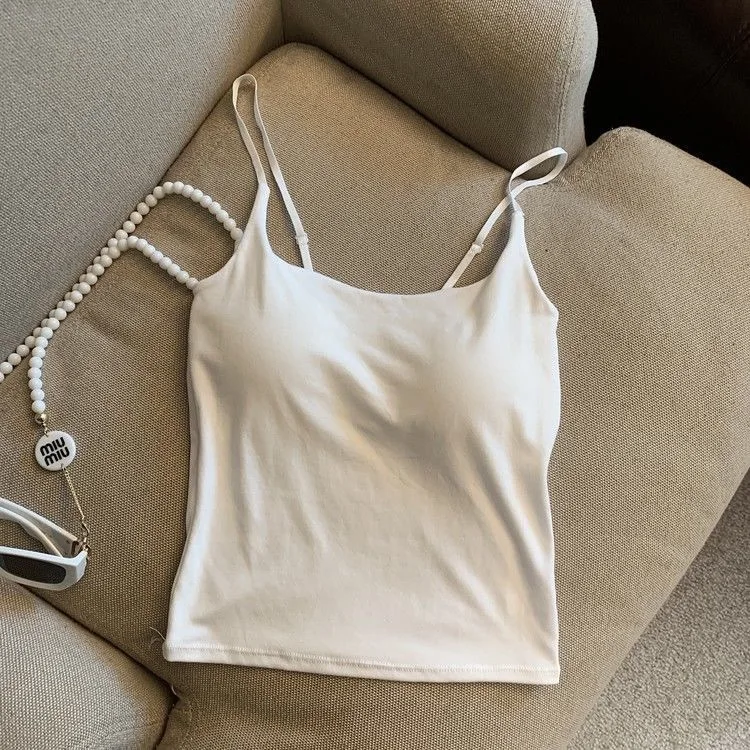 Pure Desire Sexy Camisole Tank Top for Girls Slimming Summer Outerwear Inner Wear with Chest Pad Strap Vest Women