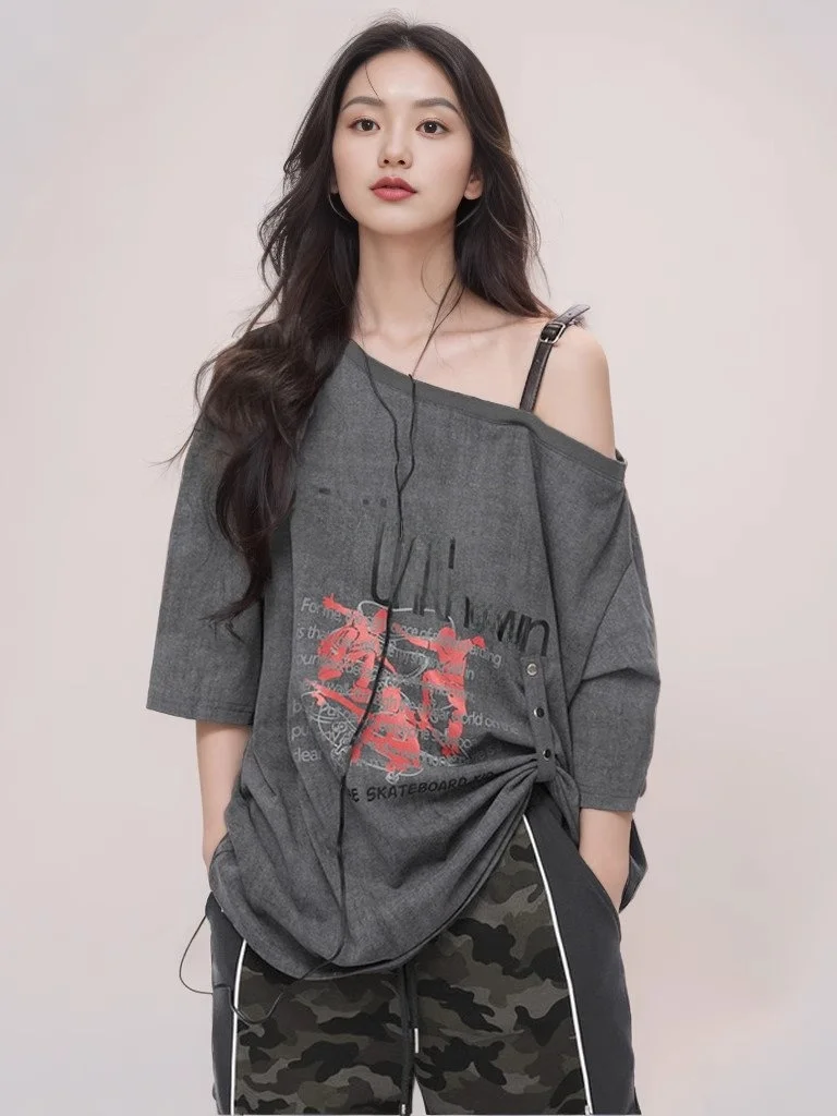 

Retro Hong Kong Sle ort Sve T-irt Women Summer 2025 Loose Sexy oulder Bared Casual Cotton Print Top for Young Women