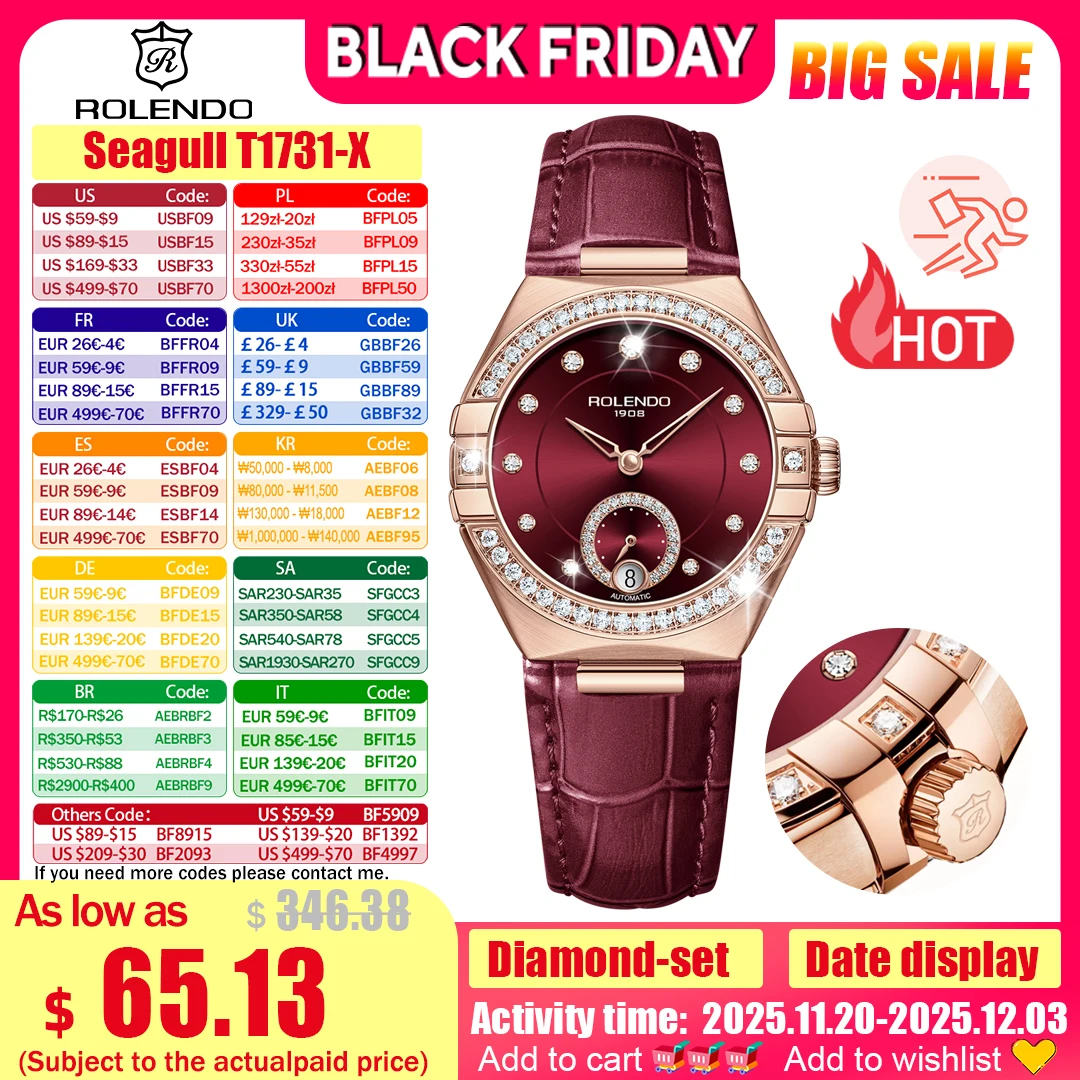 

ROLENDO Constellation автоматические часы женские 33 мм сапфировое зеркало бордовый кожаный ремешок календарь дисплей водонепроницаемые часы подарок