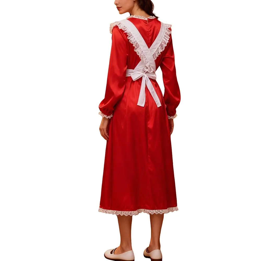 Crossdresser Halloween Vintage Satin Maid Uniform Long Sleeve Party Fancy Dress with Lace Apron Sissy French Maid Cosplay Outfit view 2