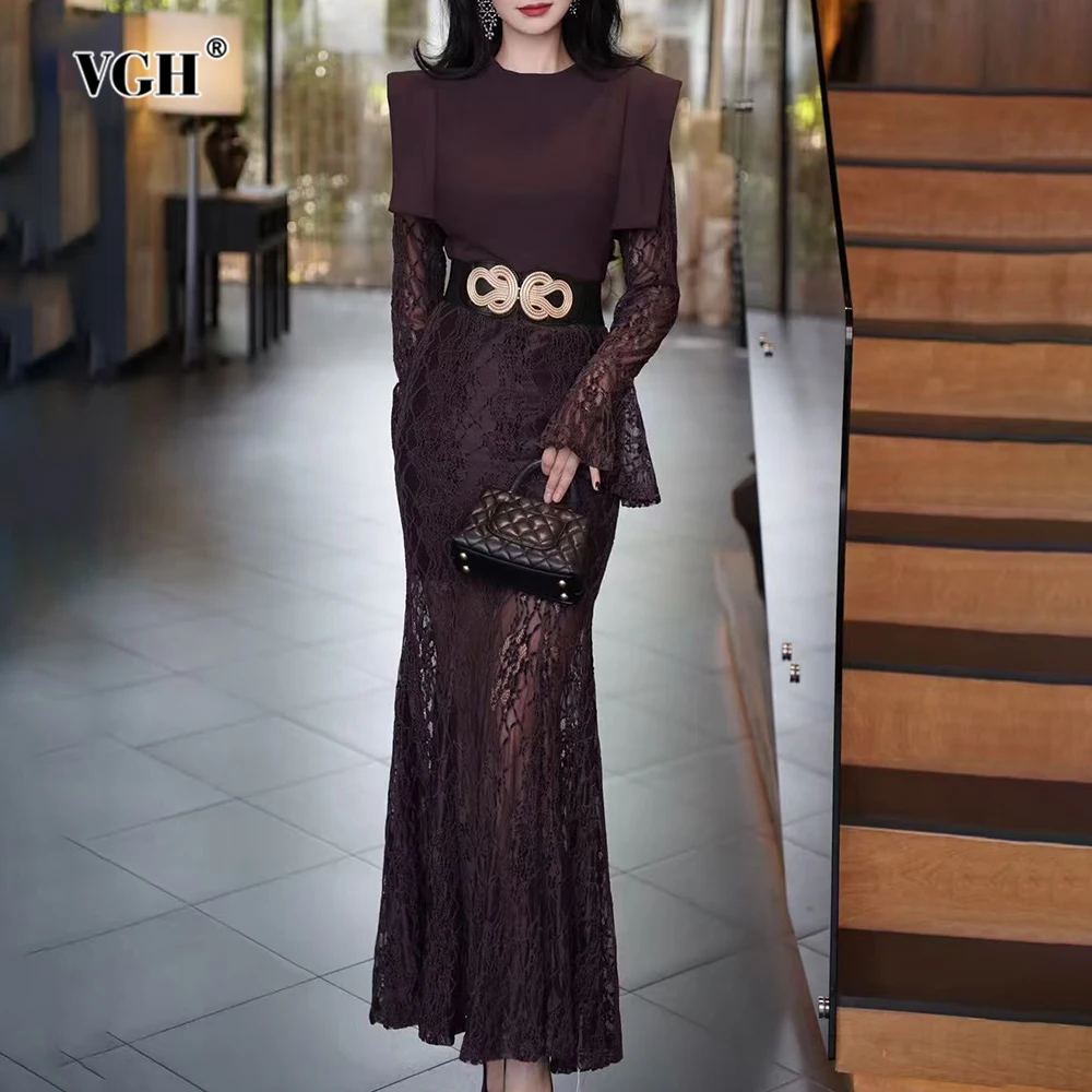 VGH Solido Elegante Temperamento Abito in Pizzo per Le Donne O Collo Manica Svasata Vita Alta Impiombato Maglia Trasparente Abiti Midi Stile Femminile