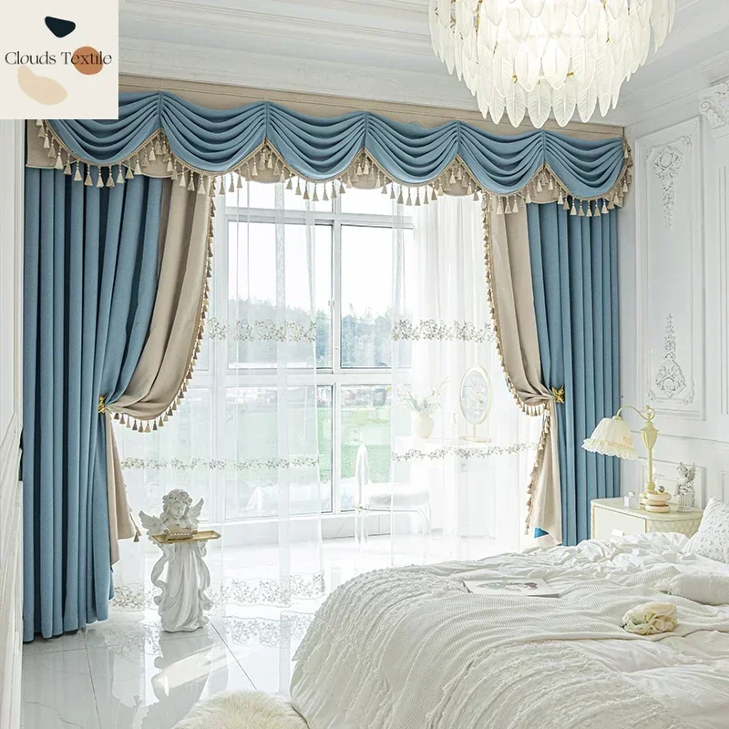 

Customize New French Light Luxury Full Blackout Blue Beige Curtains for Living Dining Room Bedroom Simple Modern Windows