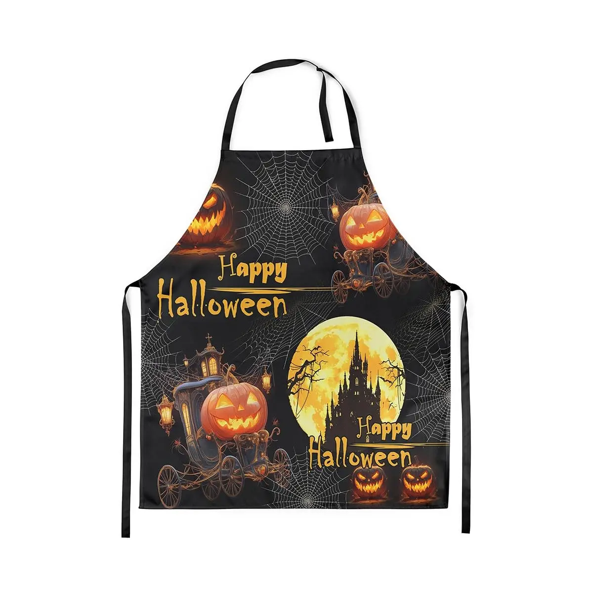 

Happy Halloween Kitchen Apron Orange Pumpkin Spider Web Waterproof Apron for Adults Style Castle Yellow Moon Horror Apron