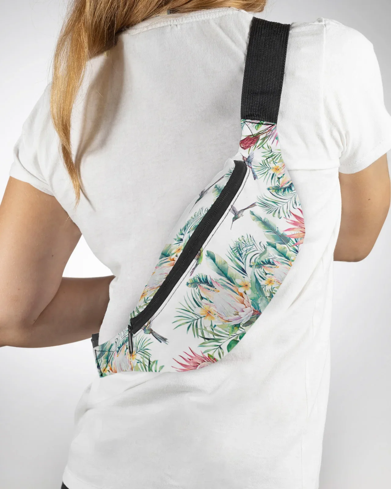 Riñonera impermeable para hombre y mujer, bolsa de cintura con diseño de plantas tropicales idílicas, flores, colibrí, plátano, a la cadera