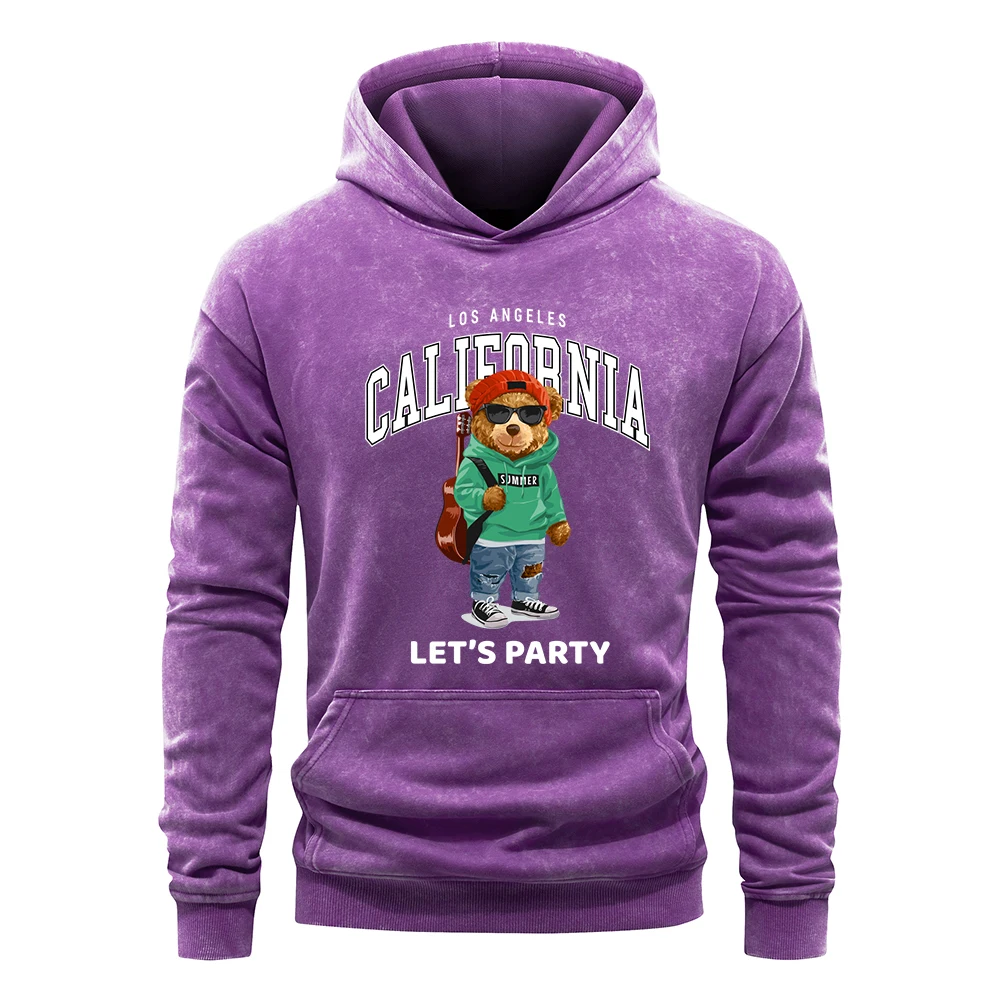 Let'S Party Guitar Bear Print Men Washed Hoodie Cartoon All-Match Streetwear Multicolor Casual Pullover Autumn Cotton Hoody Male