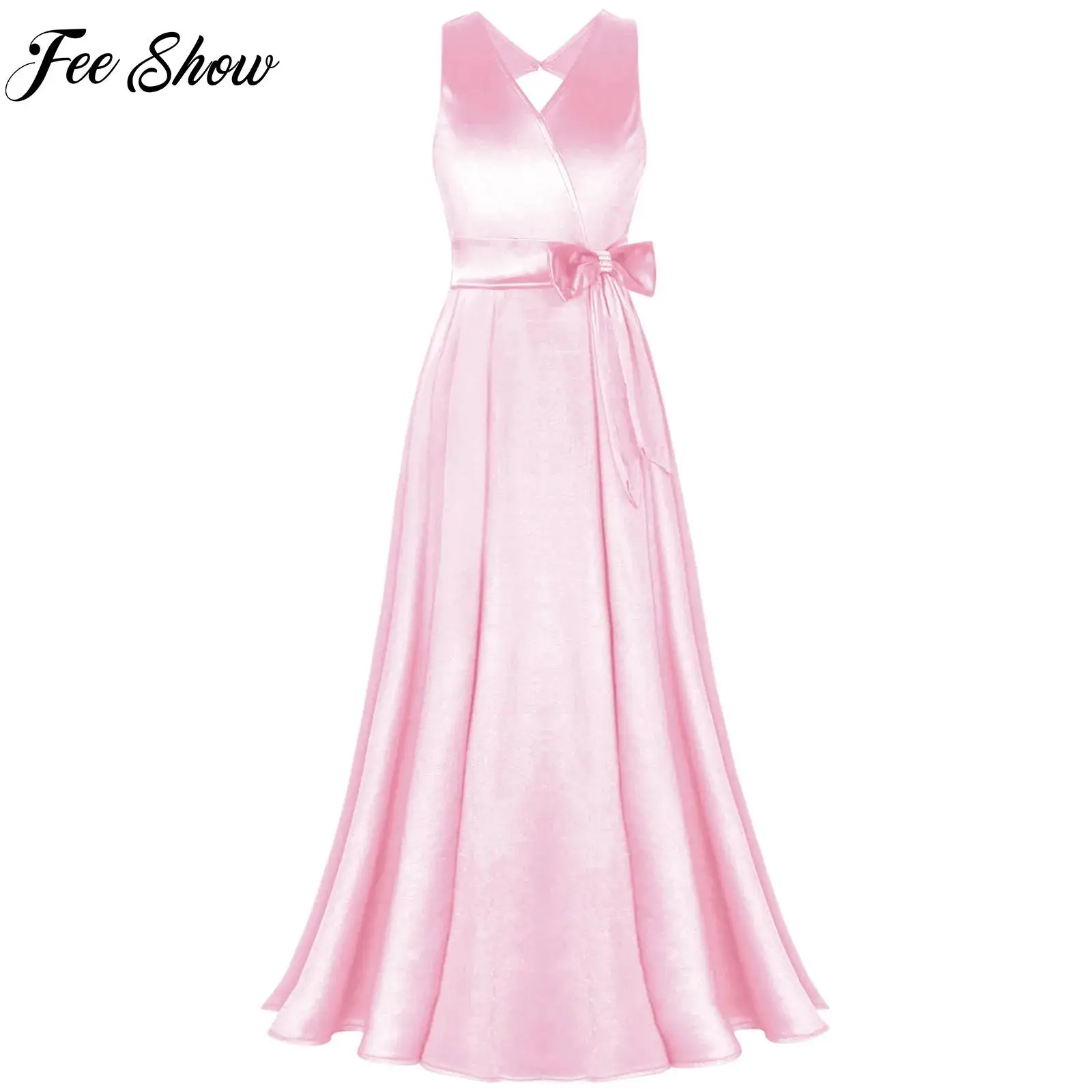 Girls Formal Dress Floor Length First Communion Satin Gown for Cocktail Wedding Party Prom Junior Bridesmaid Dress With Bow