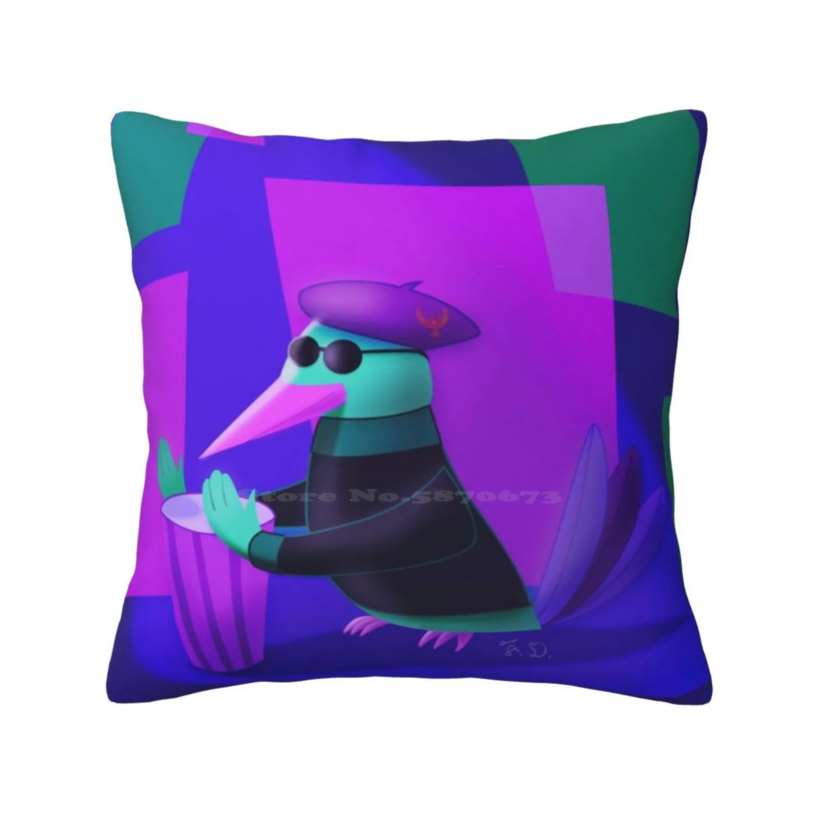 Feather Pillow Cover Hug Pillowcase Hummingbird Beret Beatnik Jazz Purple Green Blue Drums Pink Black Shadows Spotlight Music