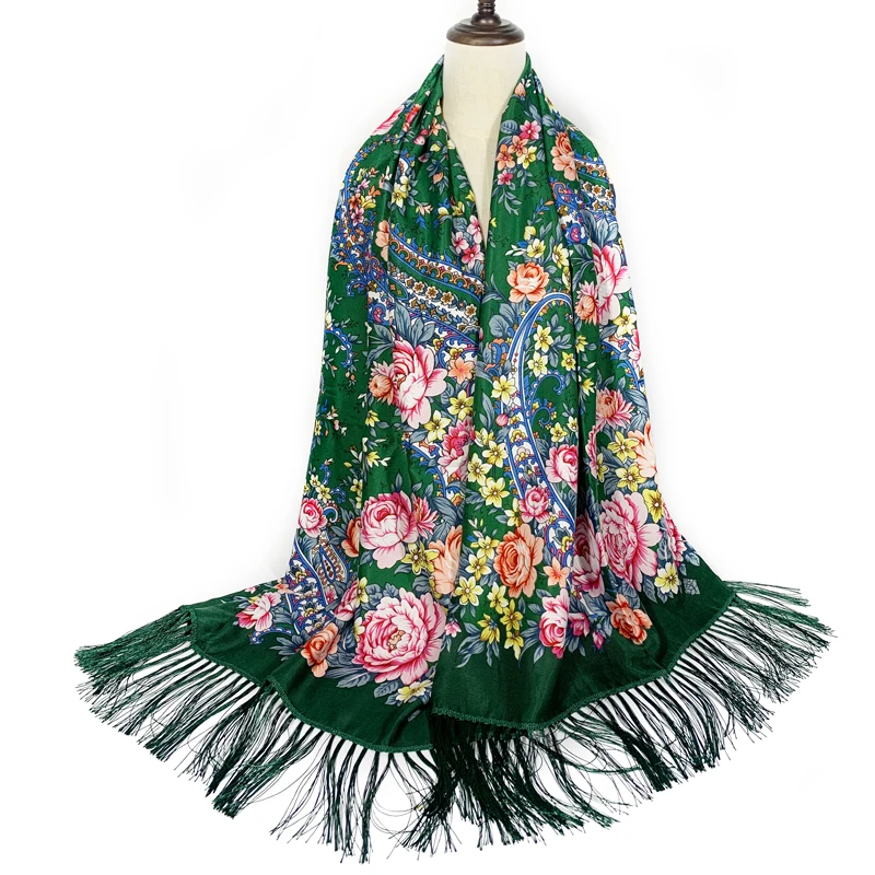 Long Floral Printed Russian Scarf Fringed Shawl Muslim Headscarf Hijab Ukraine Babushka Scarves Women's National Head Wrap