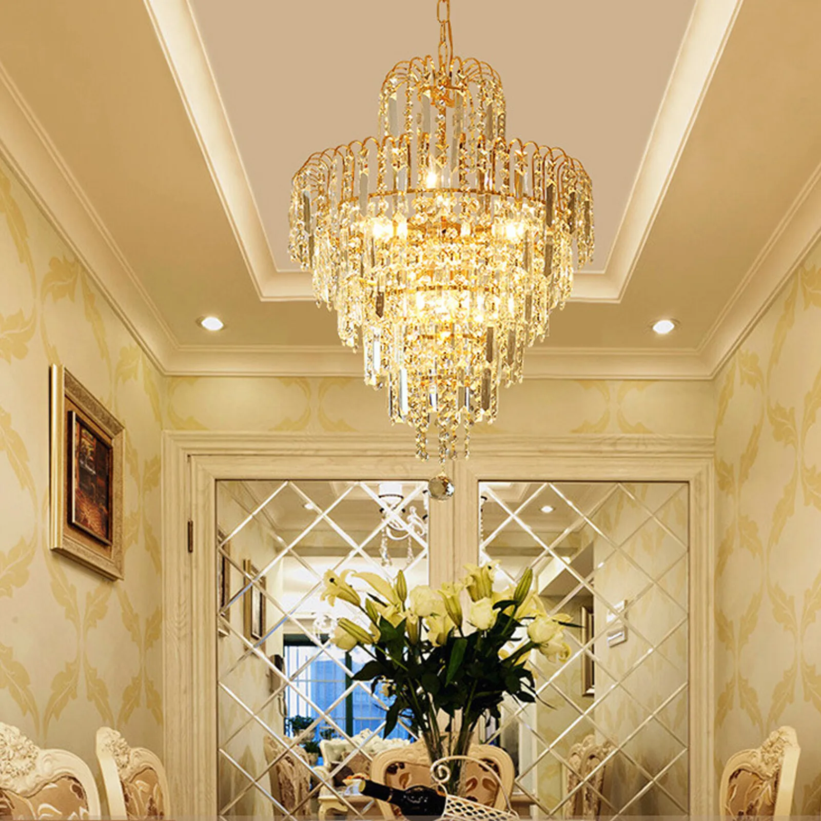 Modern Crystal Chandelier - Elegant Ceiling Light Fixture with Glass Prisms for Dining Room & Entryway  crystal decoration