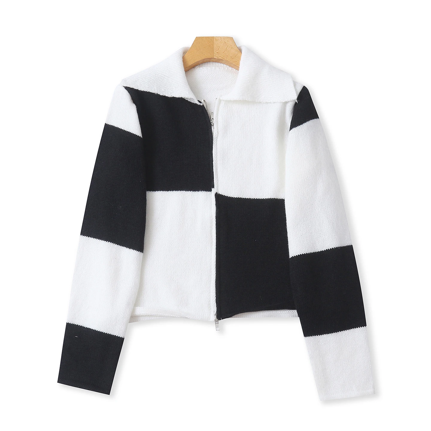 

Spring Autumn Plaid Zipper Long Sve Faionable Women's Knitwear Color Blo Cardigan Straight Cut Commute Sle Online Ex...