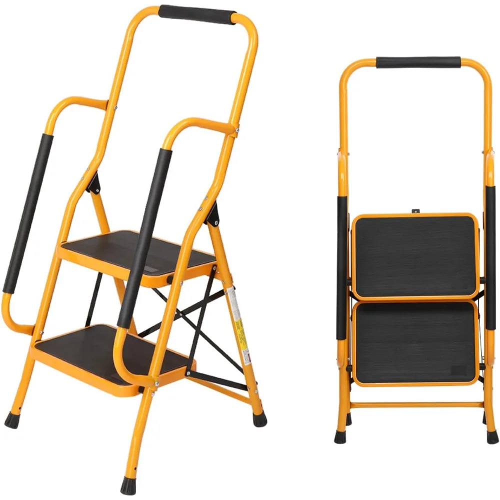 

2-ступенчатая лестница с поручнями, складной табурет-ступенька 500 фунтов, с нескользящими боковыми подлокотниками, большая зона педали, многоразовый для домашней кухни
