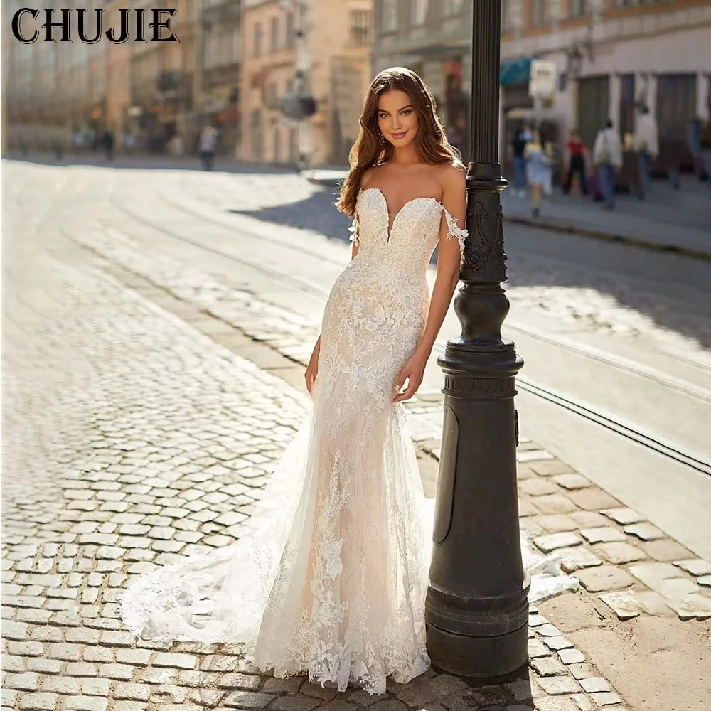 

Lace Appliques Off Shoulder Wedding Dresses Elegant Mermaid Bridal Gowns With Train Custom Made Bride Dress Vestido de novia