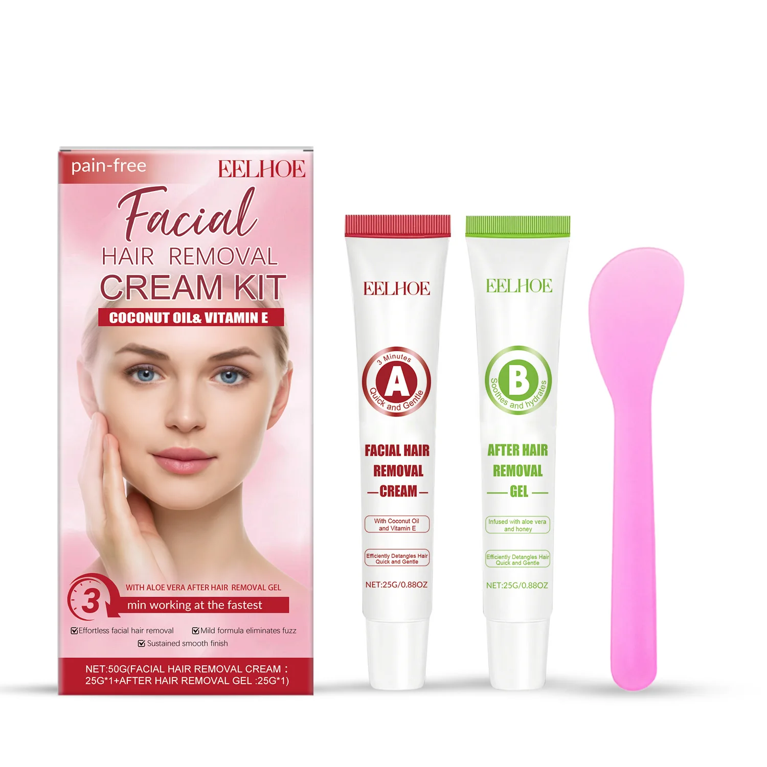 Kit de crema de depilación facial indolora, removedor de vello rápido y suave para la cara. Con gel de aloe vera para el cuidado posterior, aceite de coco y vitamina E