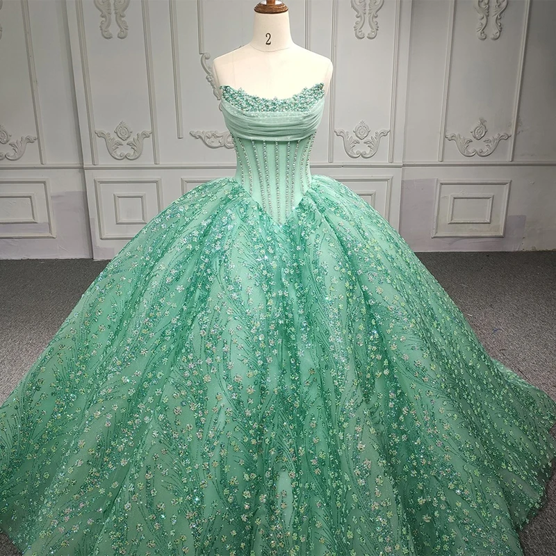 

Mint Green Shiny Quinceanera Dresses Beading Crystal Sweet 16 Birthday Party Gown Corset Vestidos De 15 Años Miss Prom Pageant