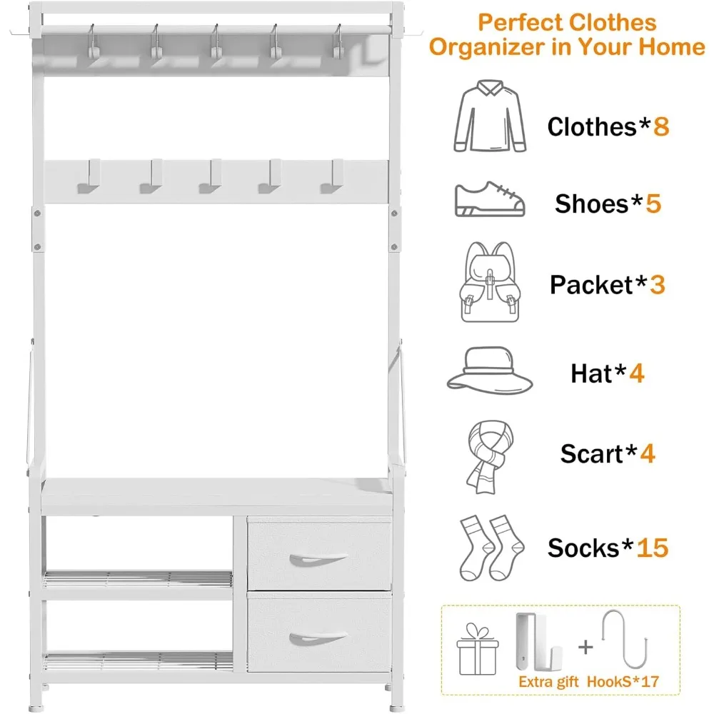 مقعد مدخل 5 في 1 مع 17 خطافًا، وحدة تخزين الأحذية ورف المعاطف، وتصميم ذكي قائم بذاته للمنزل
