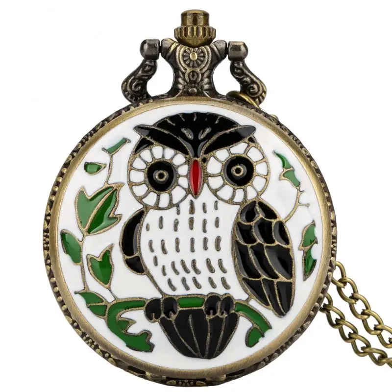 Black/White Drop Glue Owl Quartz Pocket Watch Necklace Lovely Animal Chain Watch Antique Pendant Antique Clock FOB Gifts