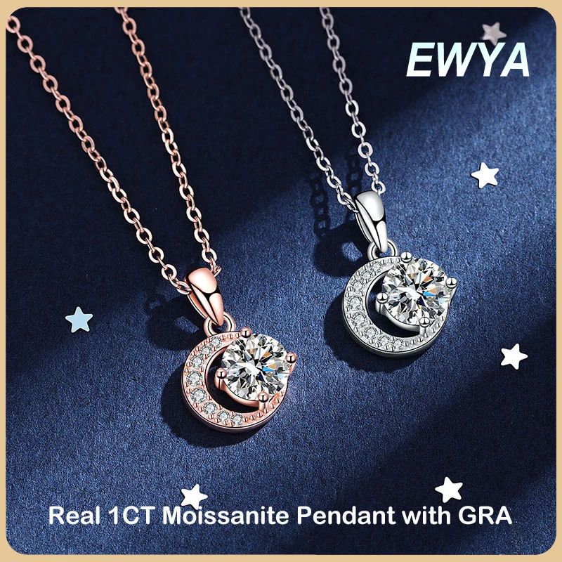 EWYA Sparkling Real 1CT Moissanite Pendant Necklace for Women Girls S925 Sterling Silver Diamond Crescent Neck Chain Necklaces