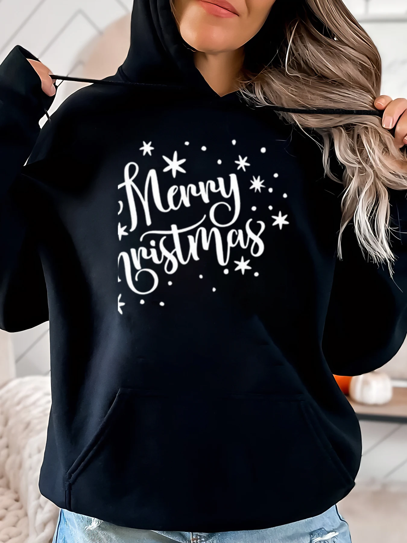 

Толстовка с капюшоном с рождественским принтом, праздничная толстовка, женская повседневная зимняя одежда, черный, больших размеров