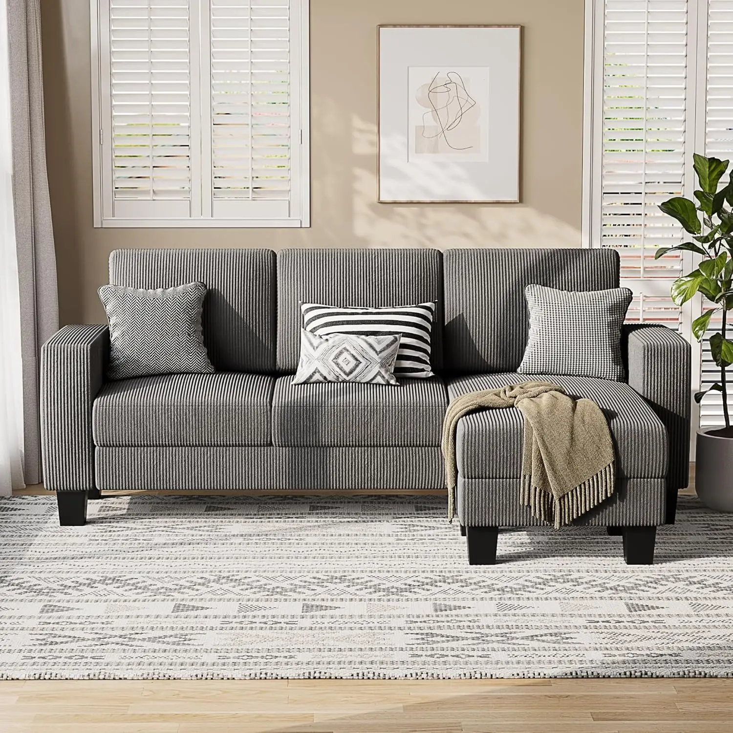 

Sectional Sofa Couch, 3 seat L-shaped Sofa with Coral Velvet Fabric, Movable Ottoman Small Couch (Grey)