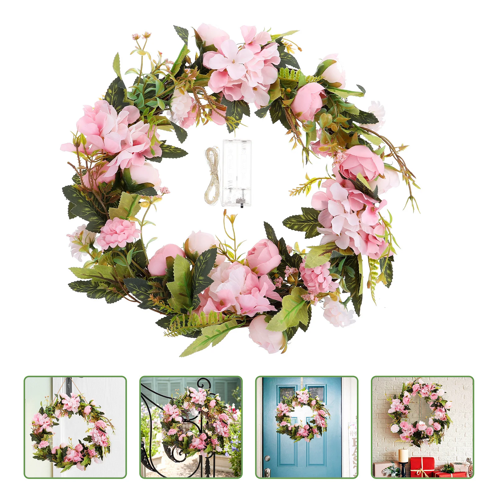 

Artificial Camellia Flower Wreath Summer Hanging Wreath Decorative Front Door with String Lights Wedding Party