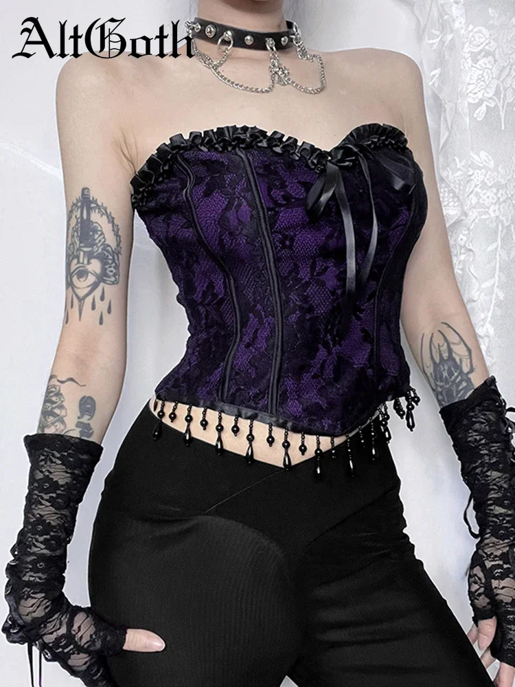 

AltGoth Aesthetic Gothic Purple Vest Women Vintage Cyber Punk Tassel Bandage Crop Tank Tops Streetwear Y2k E-girl Indie Clothes